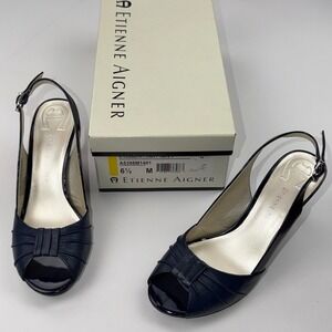 Etienne Aigner Women's‎ Size 6.5M Osbert Inky Navy Slingback Peep Toe Heels